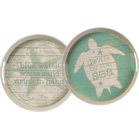 Tray Set - Blue Water White Sand Drink In Hand NEW - Picture 1 of 9